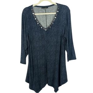 Rose & Olive Blue-Gray Boho 3/4 Sleeve V-neck Beaded Neckline 1X Tunic Top